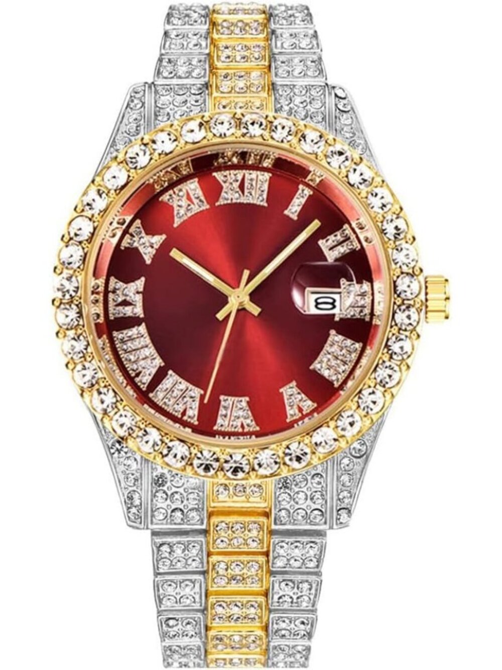 Unisex Red Face Crystal Diamond Quartz Analog Fashion Roman Big Hip Hop Watch